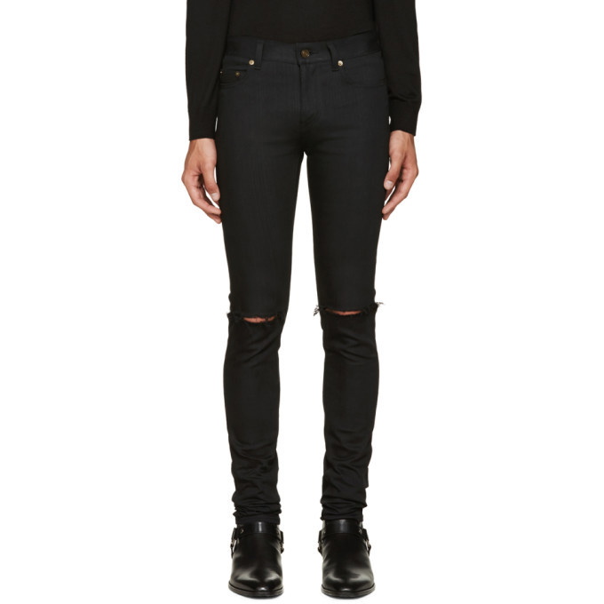 Photo: Saint Laurent Black Original Low Waisted Ripped Skinny Jeans