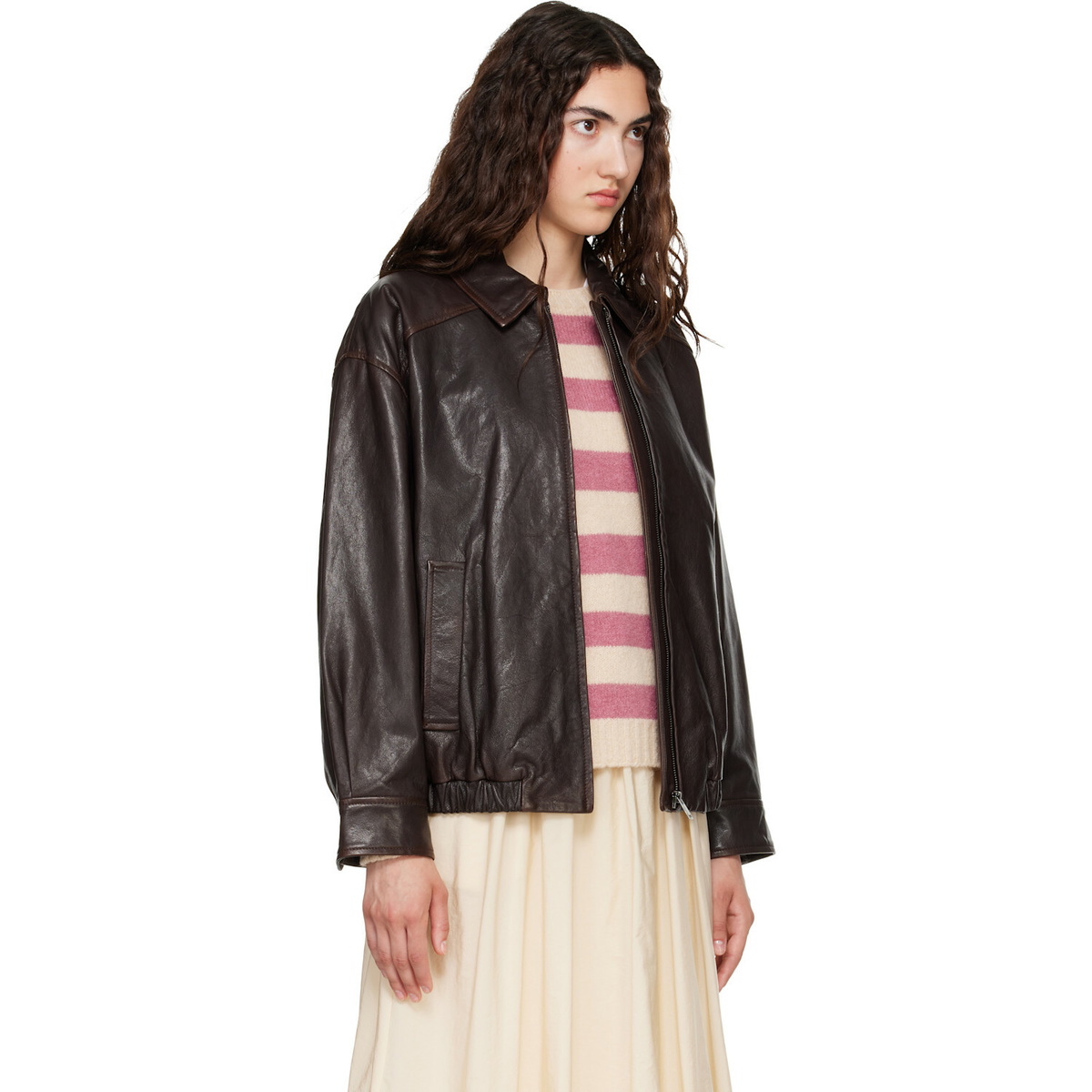 Weekend Max Mara Brown Cose Leather Bomber Jacket