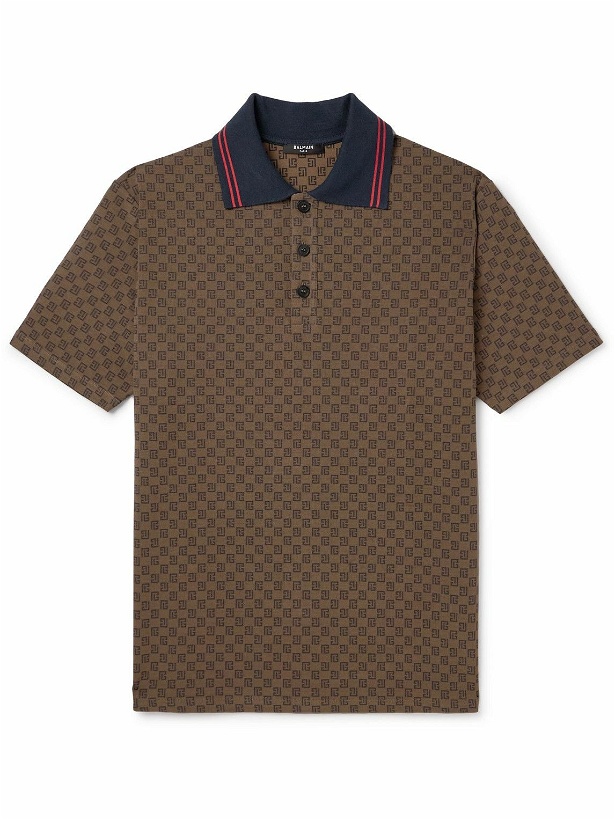 Photo: Balmain - Monogrammed Stretch-Cotton Polo Shirt - Brown