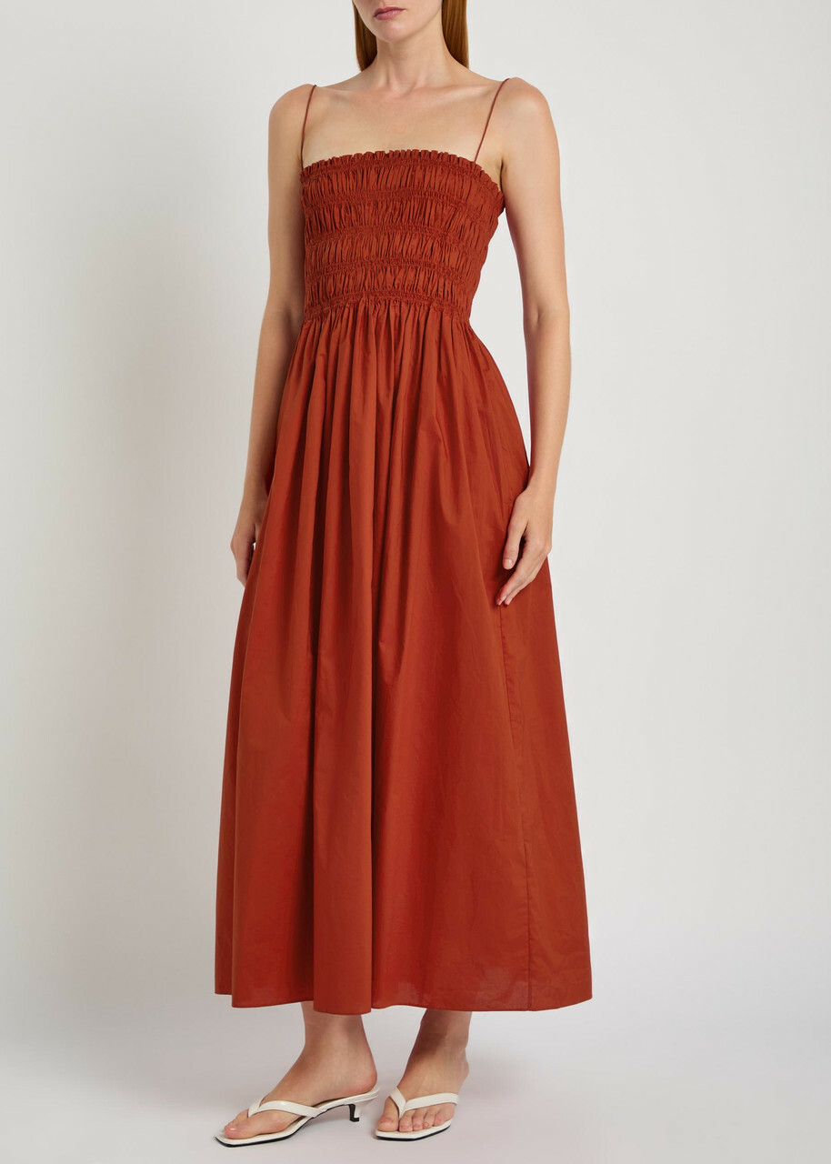 Matteau Shirred Cotton-poplin Midi Dress Red