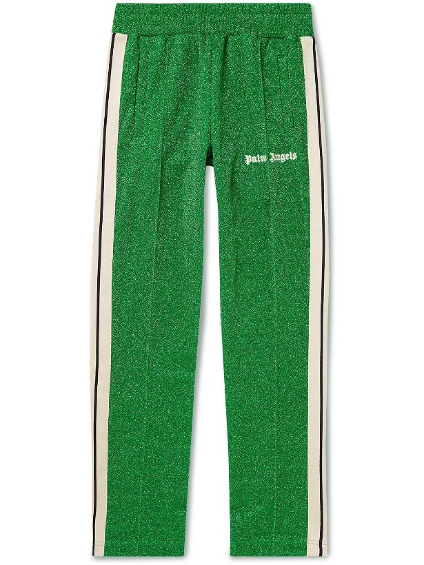 Photo: Palm Angels - Slim-Fit Striped Logo-Embroidered Lurex Track Pants - Green
