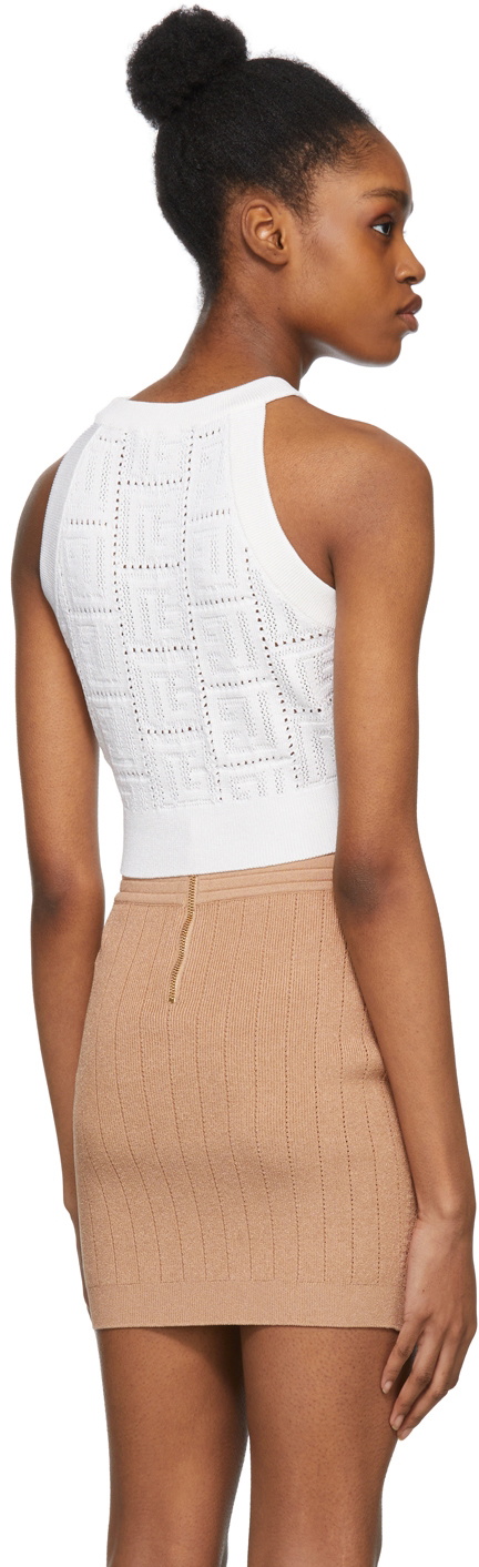 BALMAIN Monogram Knit Cropped Top in Natural & Beige