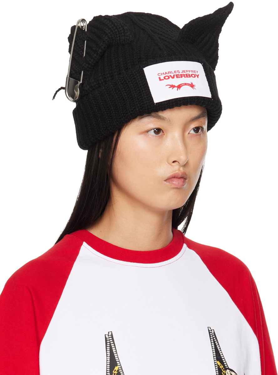 【CHARLES JEFFREY LOVERBOY】CHUNKY PUNK EARS 安全ピン付 Charles Jeffrey LOVERBOY Black Chunky Punk Ears Beanie