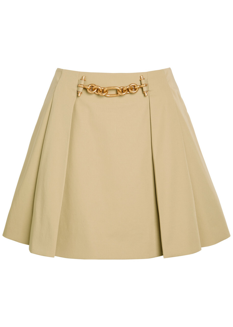Balmain Embellished Pleated Cotton Mini Skirt Sand