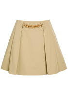 Balmain Embellished Pleated Cotton Mini Skirt Sand