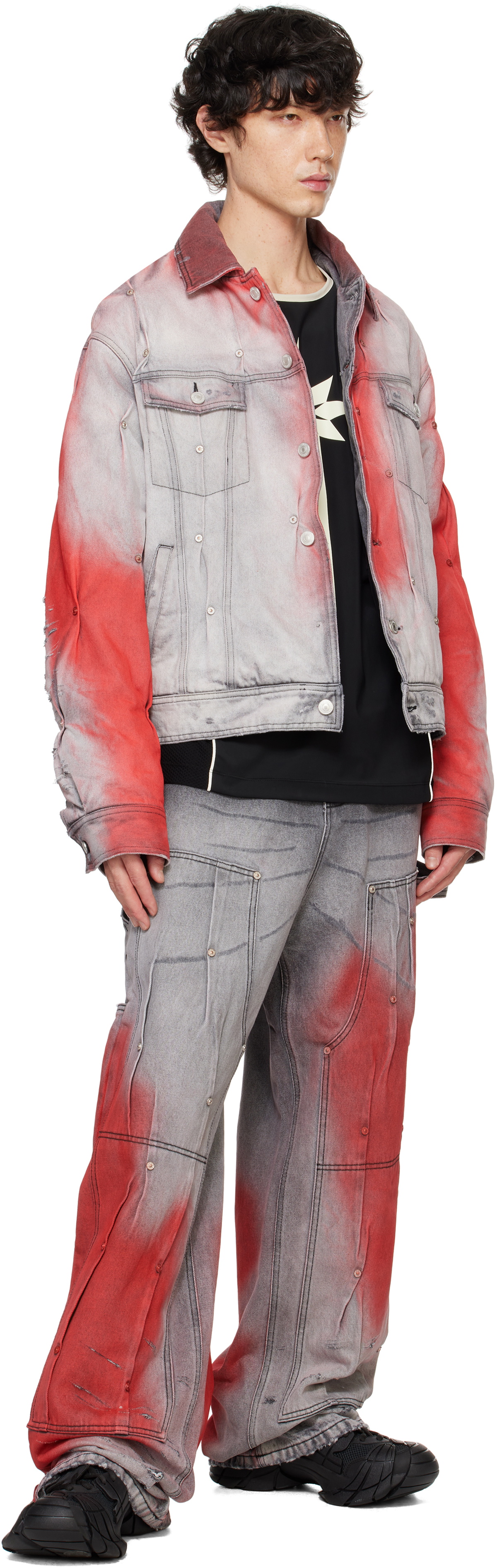 KUSIKOHC Gray & Red Padded Multi Rivet Denim Jacket