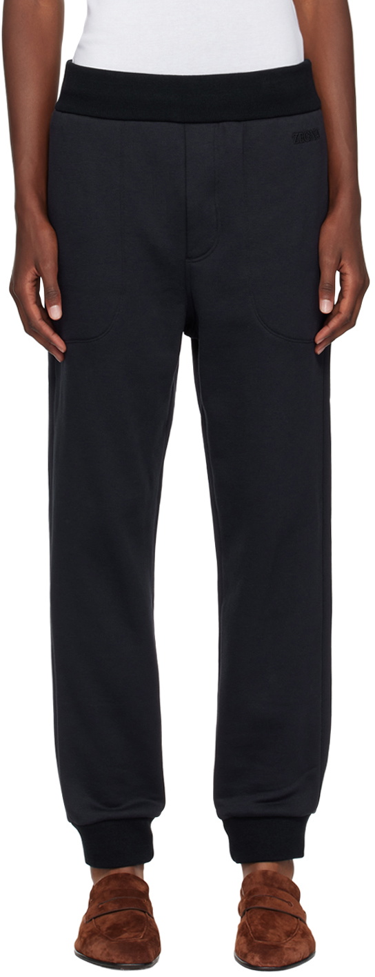 ZEGNA Navy Embroidered-Logo Sweatpants