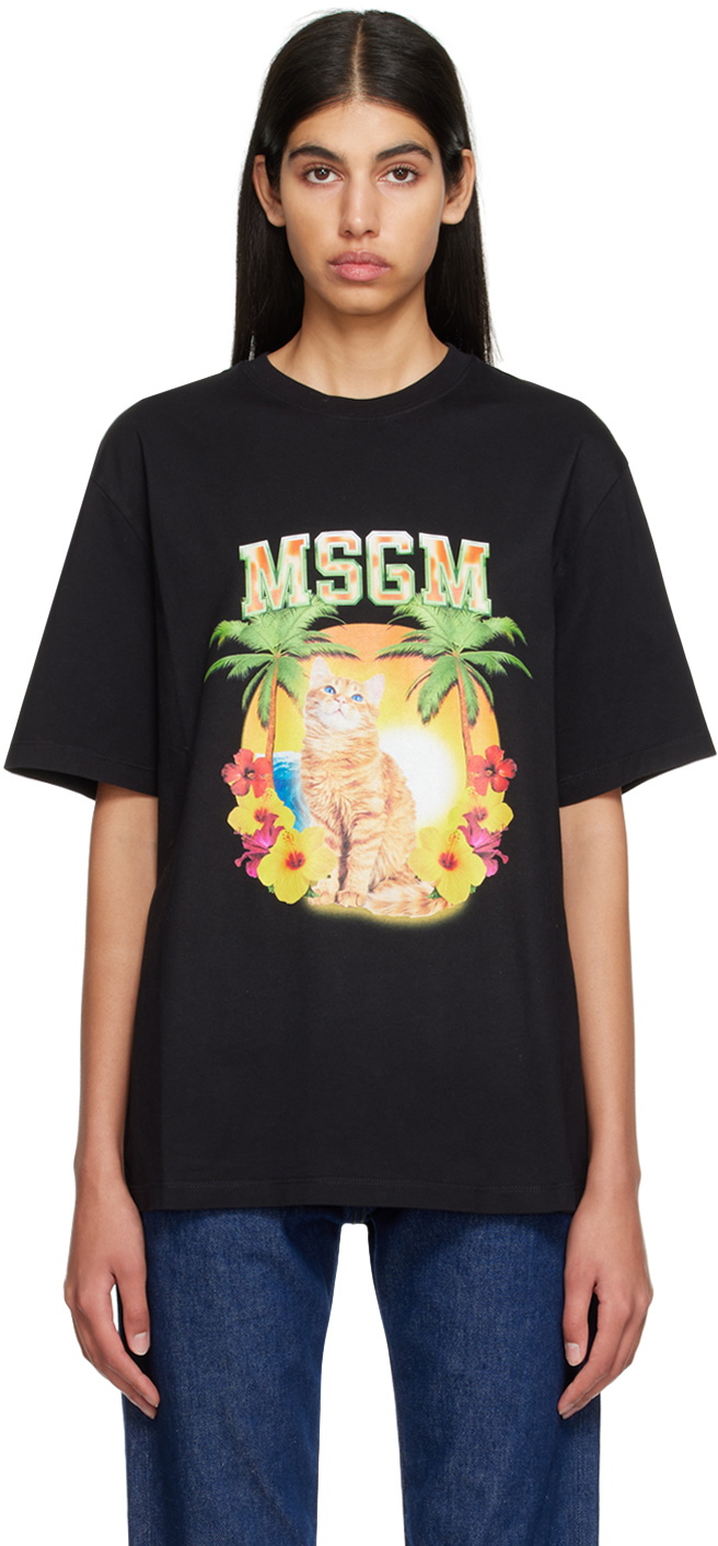 Black College Cat T-Shirt by MSGM on Sale