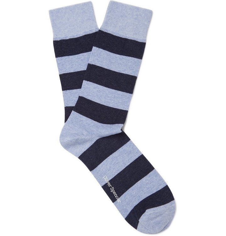 Photo: Oliver Spencer Loungewear - Lee Striped Stretch Cotton-Blend Socks - Navy