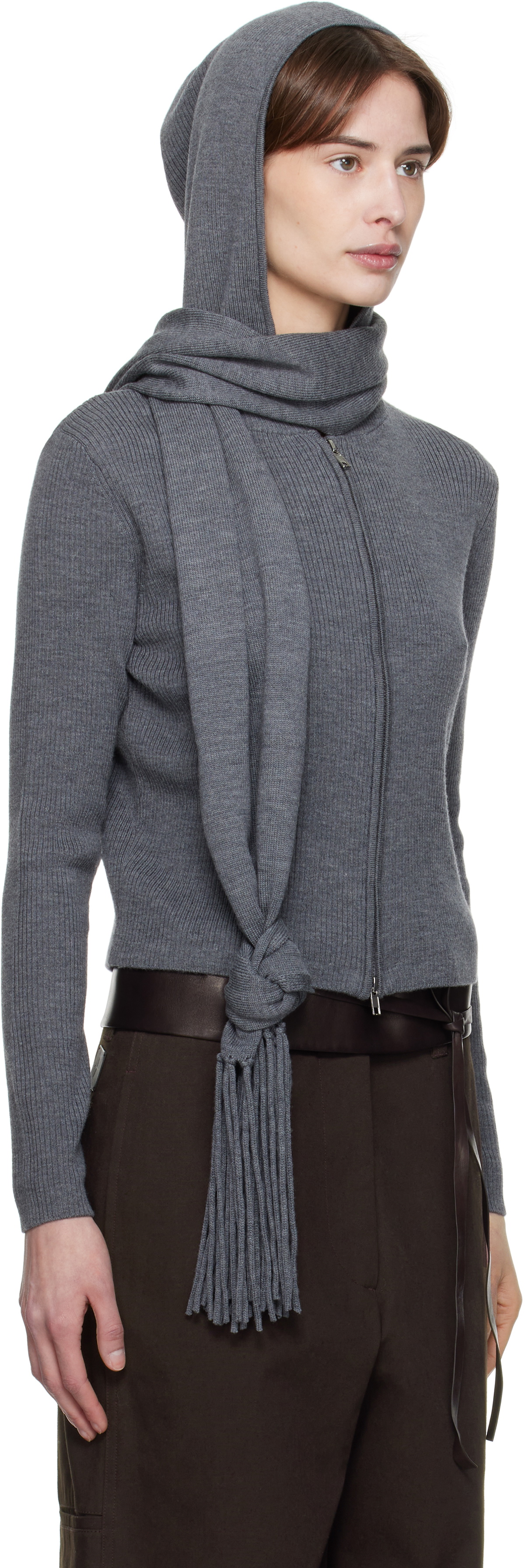 AARON ESH Gray Knitted Scarf & Hoodie Set