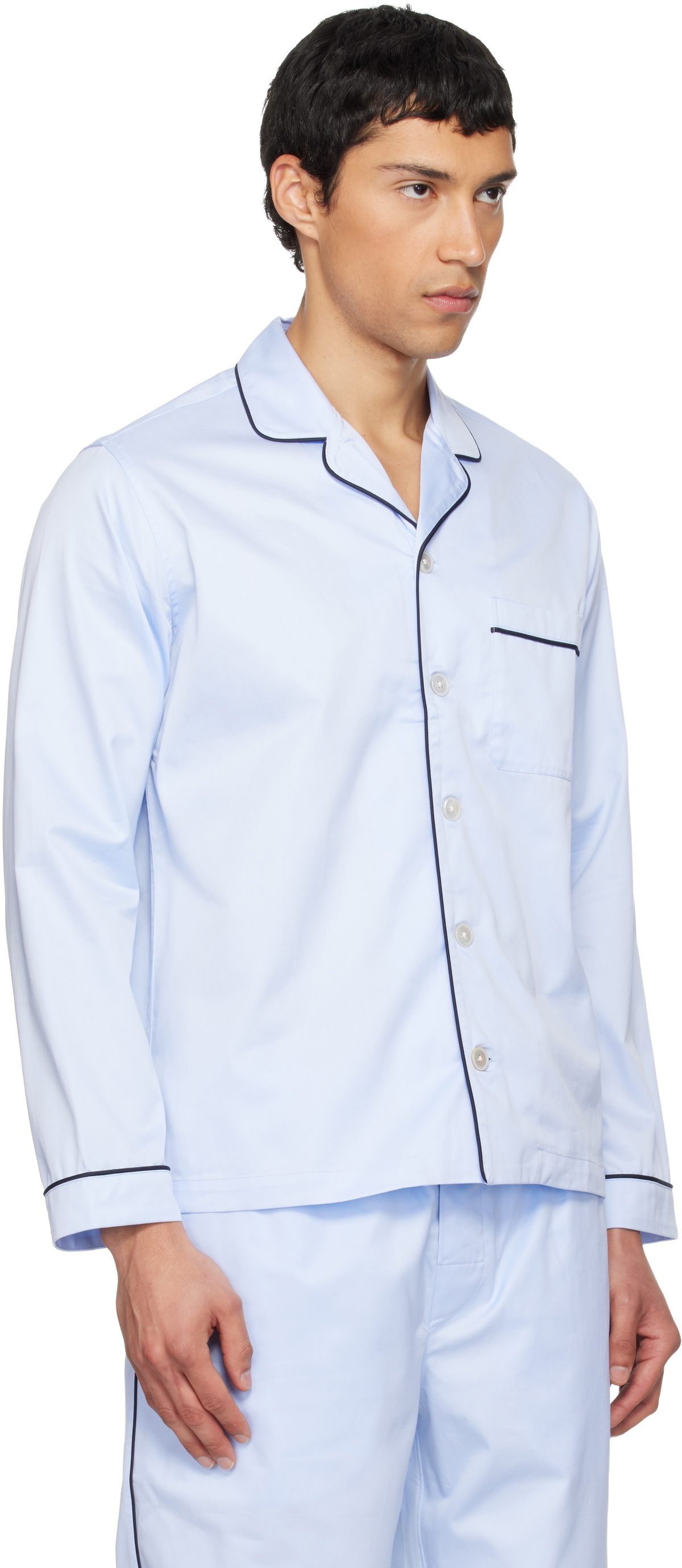 Tekla Blue Sateen Long-Sleeved Pyjama Shirt