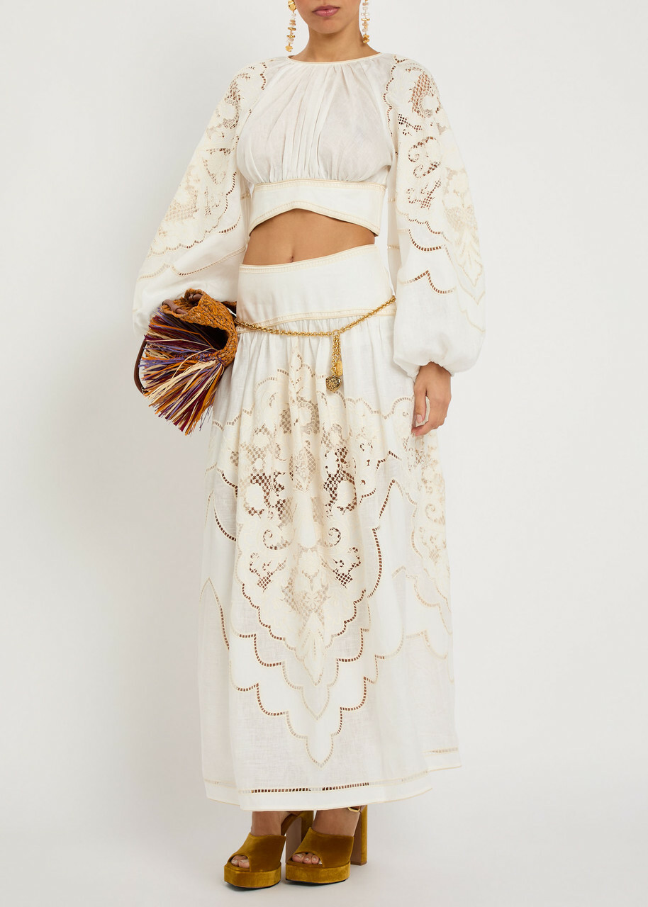 Zimmermann Daylight Embroidered Linen Maxi Skirt Cream