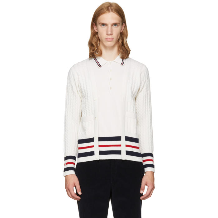 Photo: Thom Browne White Cricket Stripe Trompe LOeil V-Neck Cardigan Polo