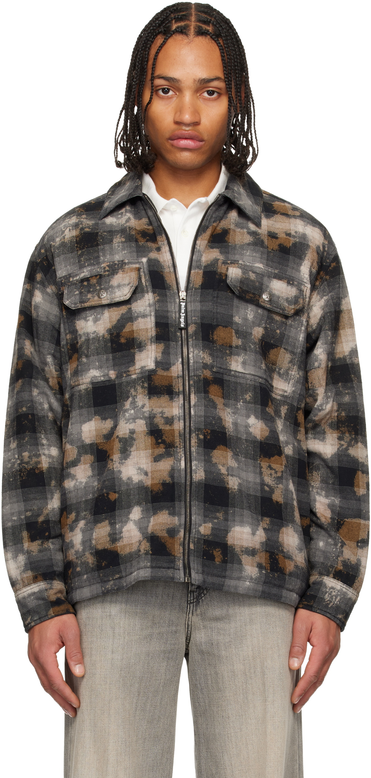 Palm Angels Gray & Brown Curved Logo Check Overshirt Palm Angels