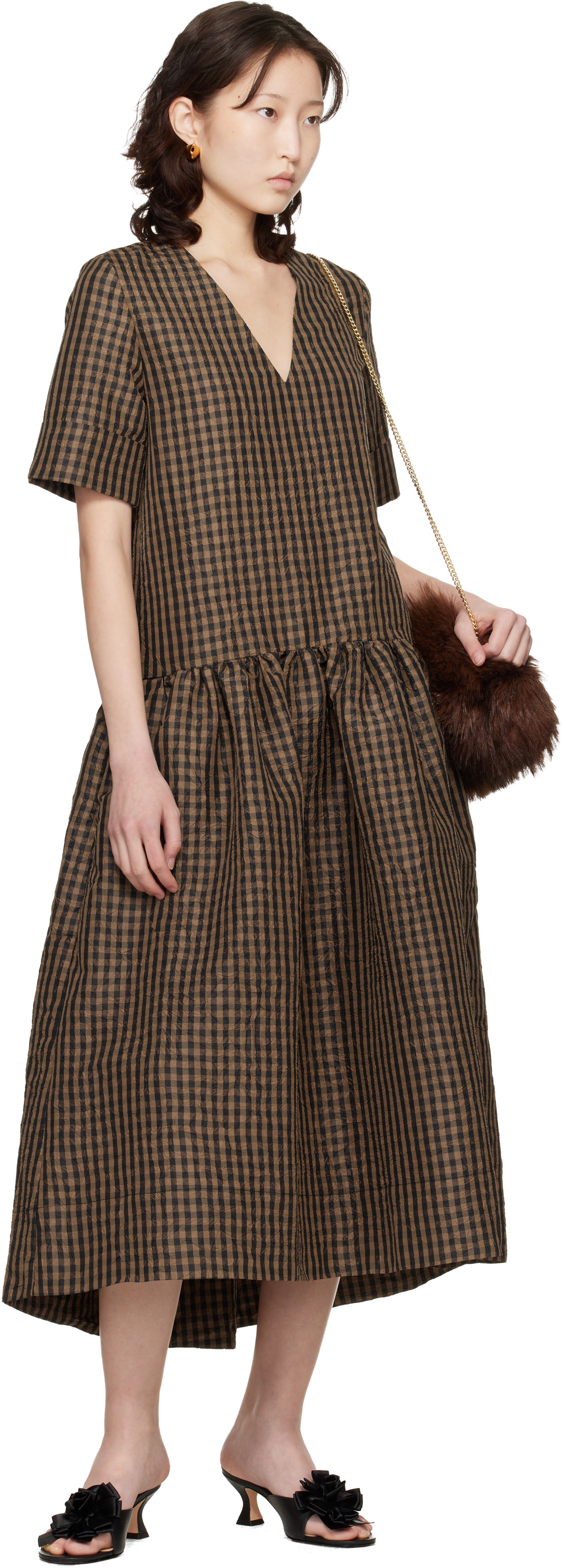 GANNI Brown Crinkled Check Maxi Dress