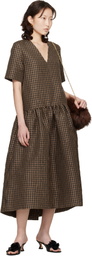 GANNI Brown Crinkled Check Maxi Dress