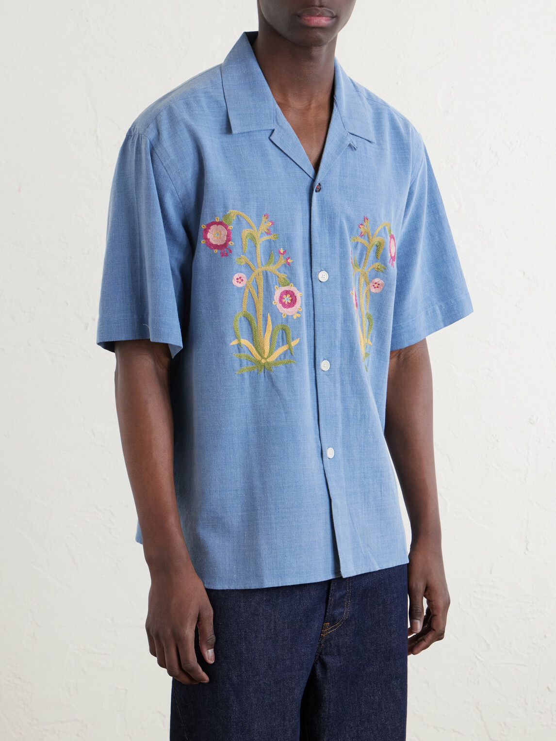 Kardo - Ronen Convertible-Collar Embroidered Cotton Shirt - Blue