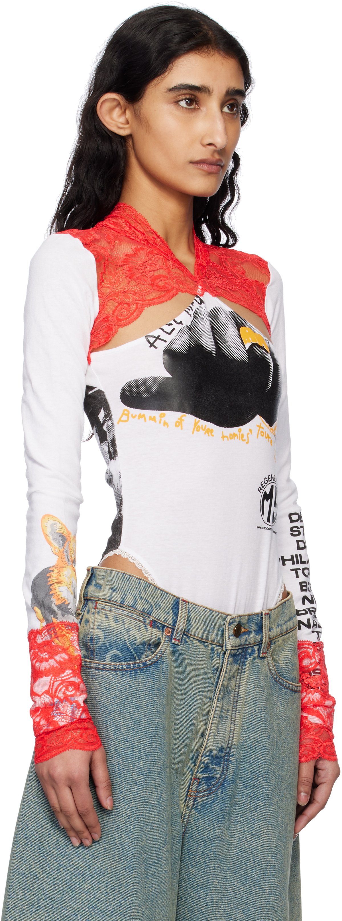 Marine Serre White Regenerated T-shirts & Lace Long Sleeve Bodysuit