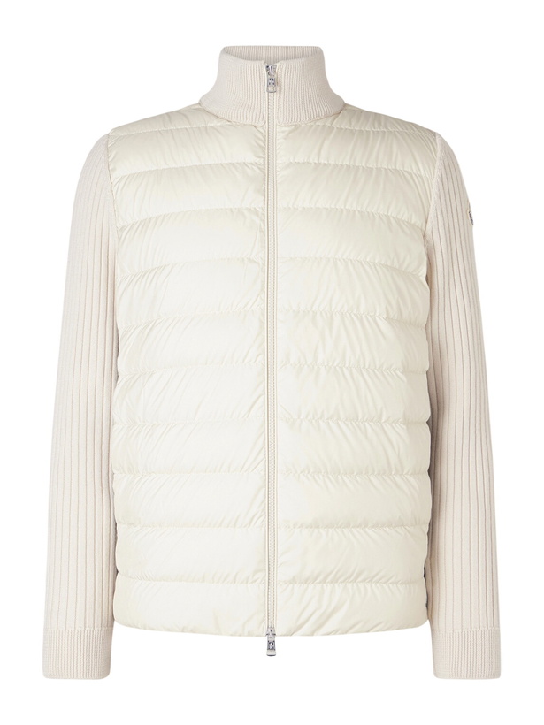 Photo: Moncler - Shell-Trimmed Ribbed Wool Down Zip-Up Cardigan - Neutrals