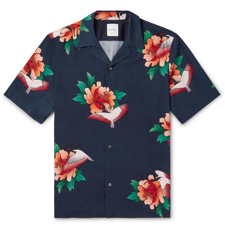 Photo: Paul Smith - Camp-Collar Floral-Print Tencel and Linen-Blend Shirt - Navy