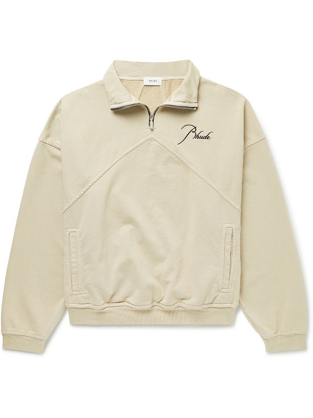 Photo: Rhude - Logo-Embroidered Cotton-Jersey Half-Zip Sweatshirt - Neutrals