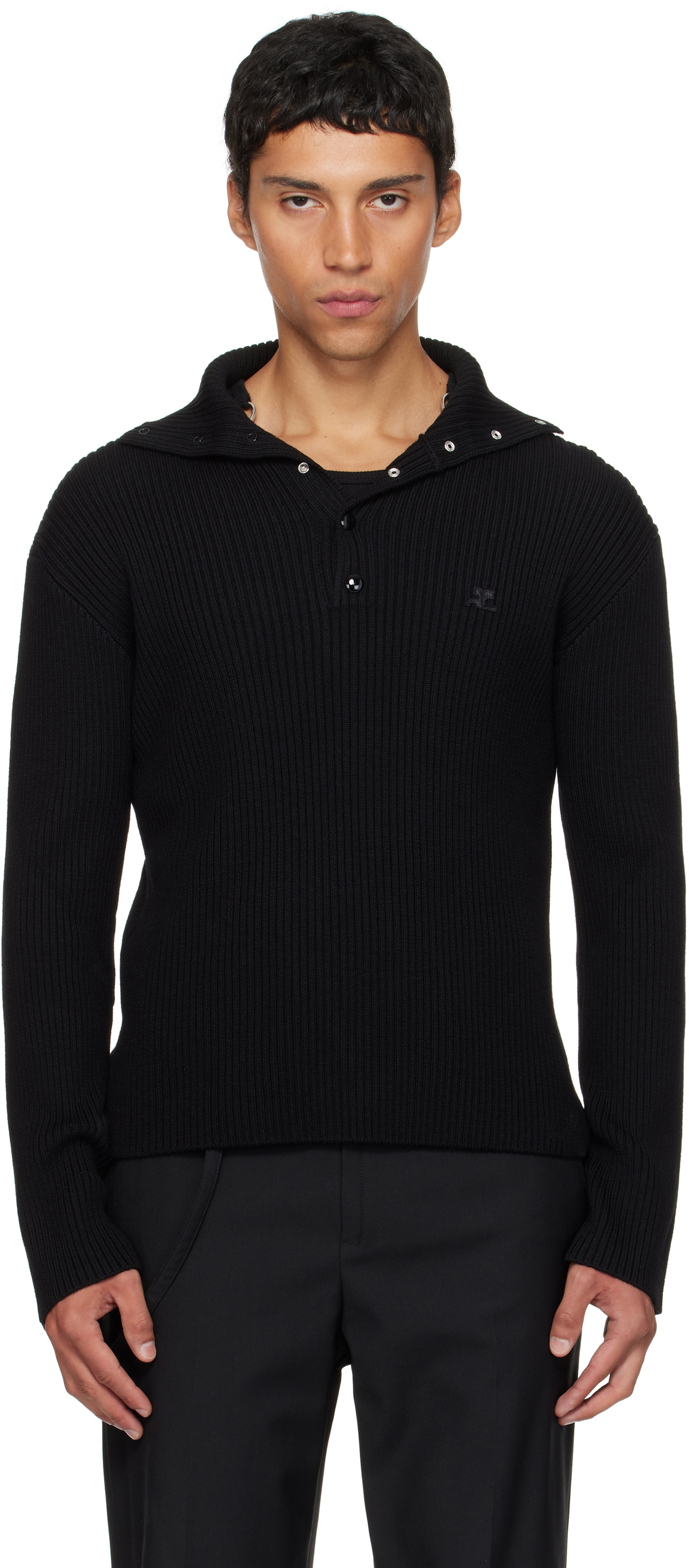 Courrèges Black Ribbed Wool Polo