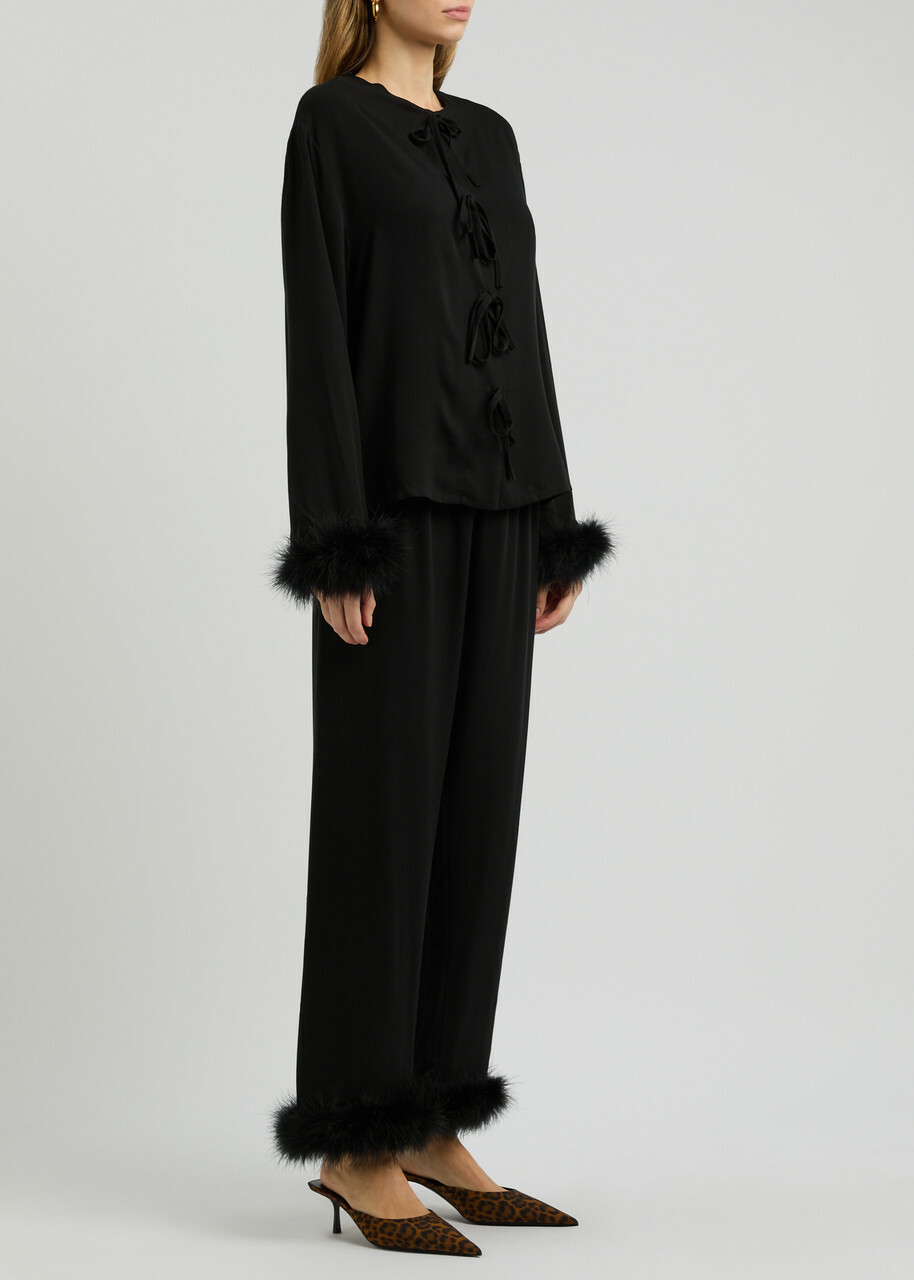 Sleeper Capricorn Feather-trimmed Twill Pyjama set Black