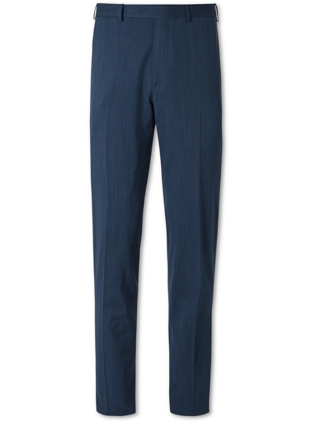 Photo: ERMENEGILDO ZEGNA - Slim-Fit Micro-Gingham Cotton-Seersucker Suit Trousers - Blue - IT 46