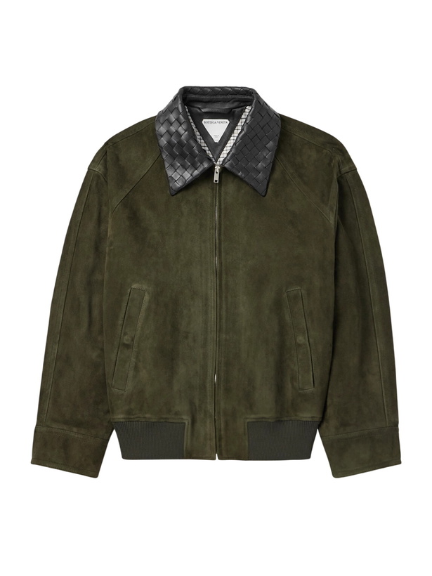 Photo: Bottega Veneta - Intrecciato Leather-Trimmed Suede Bomber Jacket - Green