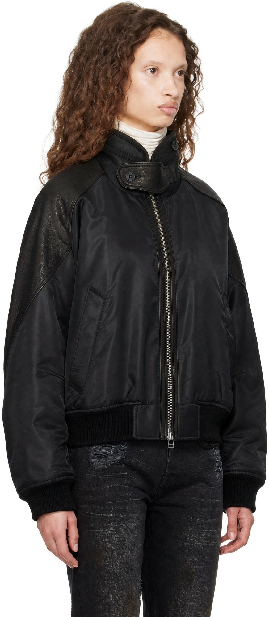 COOR Black Highneck Shearling Mixed MA-1 Bomber Jacket