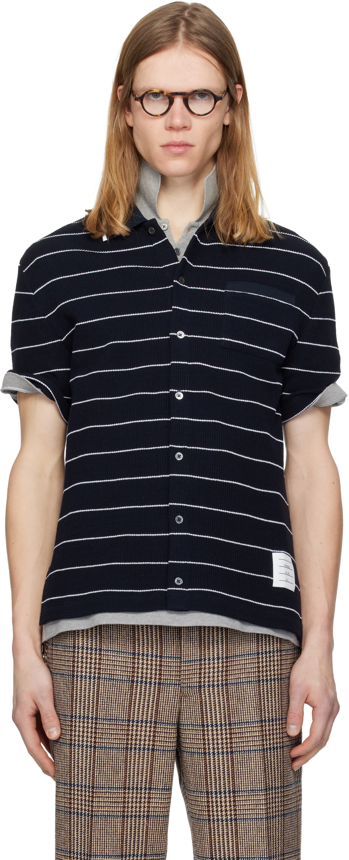 Thom Browne Navy Textured Stripe Short Sleeve Shirt