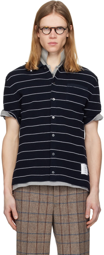 Photo: Thom Browne Navy Textured Stripe Short Sleeve Shirt