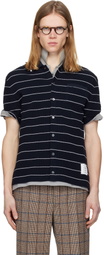 Thom Browne Navy Textured Stripe Short Sleeve Shirt