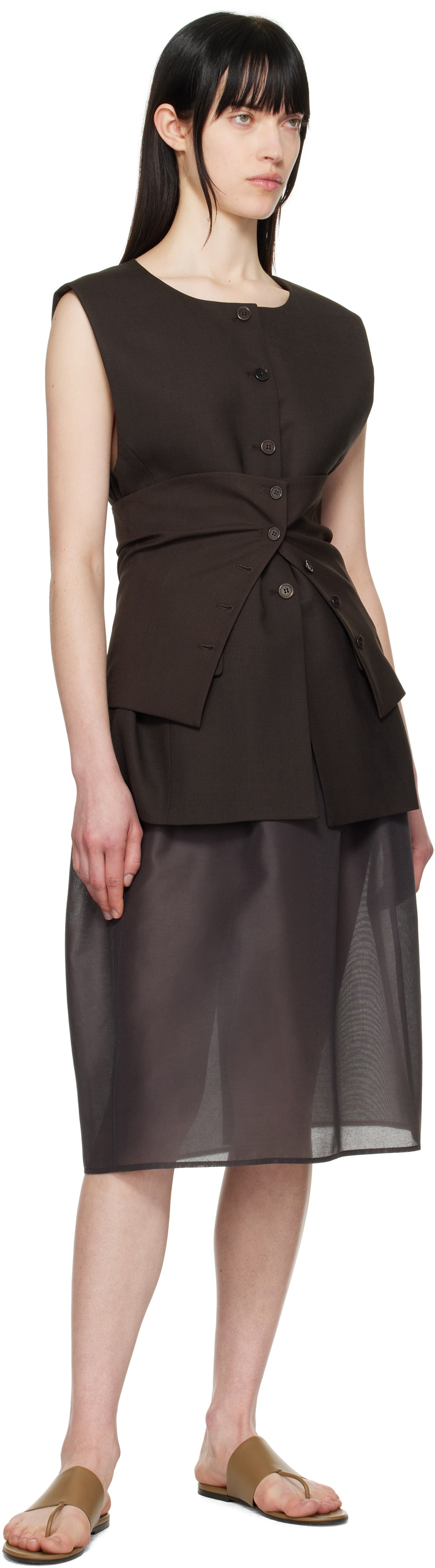 AMOMENTO Gray Shirring Organza Midi Skirt AMOMENTO