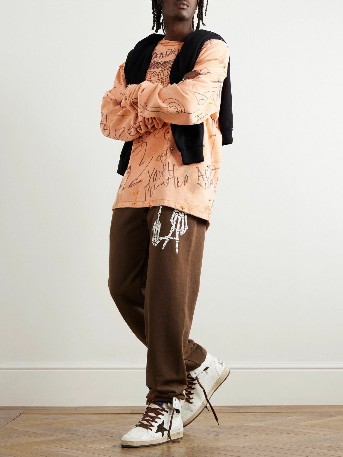 Local Authority LA - LA Bones Straight-Leg Cotton-Jersey Sweatpants - Brown