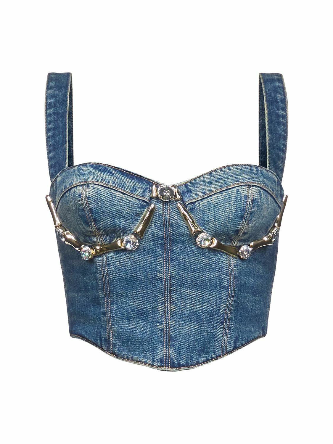 Photo: AREA - Embellished Claw Cup Denim Bustier
