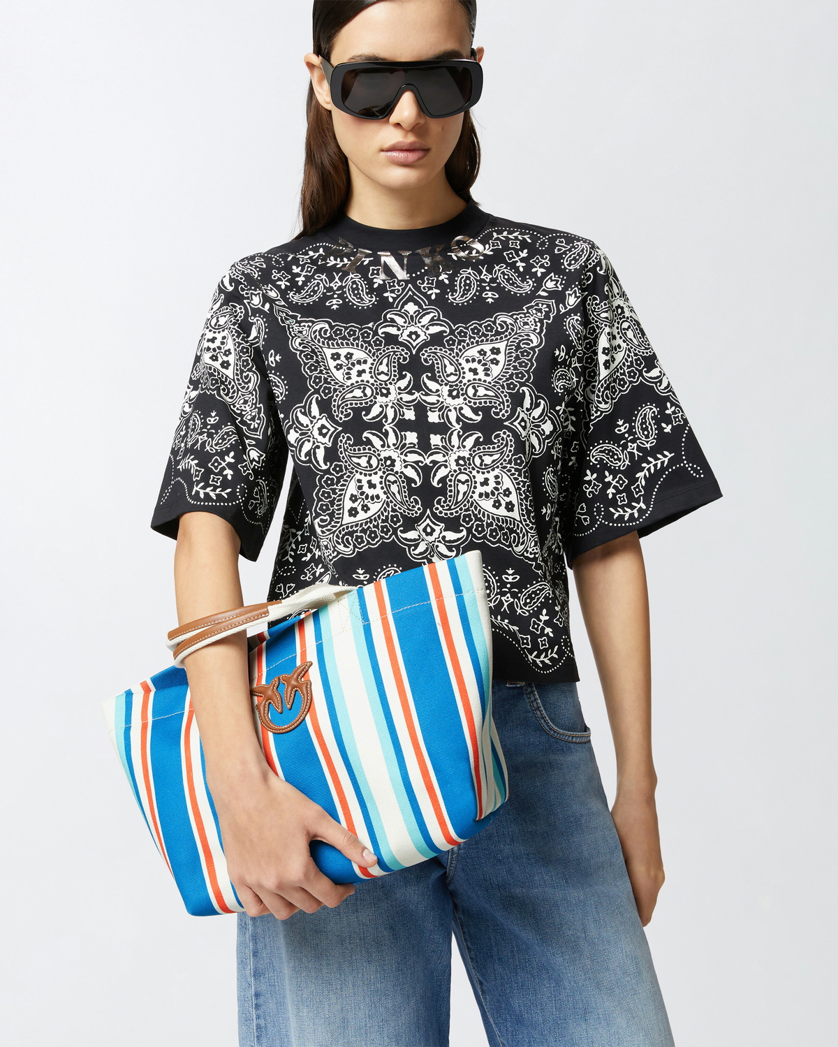 Pinko Medium Shopper Bag In Striped Canvas Orange/Light Blue