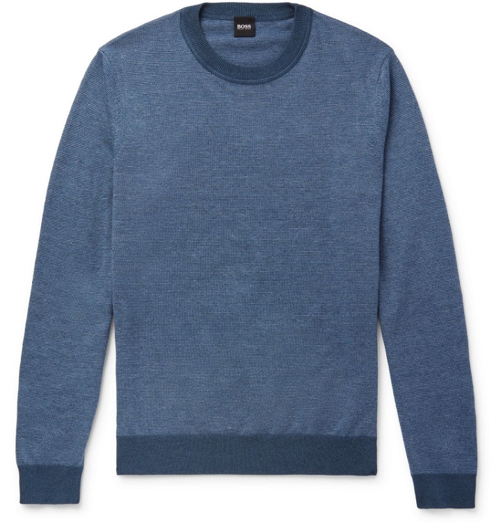 Photo: Hugo Boss - Slim-Fit Striped Cotton and Linen-Blend Sweater - Blue