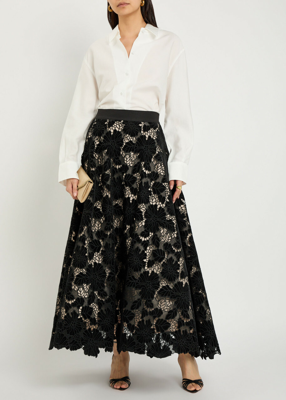 Alice + Olivia Lorena Cutwork Lace Maxi Skirt Black