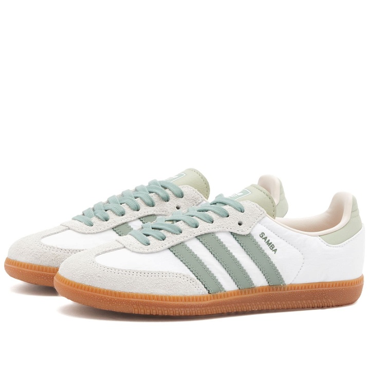 Photo: Adidas Samba OG Sneakers in White/Silver Green/Putty Mauve