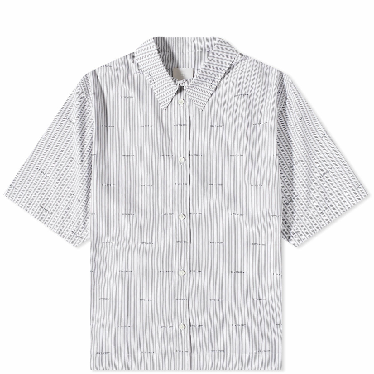 Givenchy Men's Repeat Logo Short Sleeve Stripe Shirt in Grey Givenchy