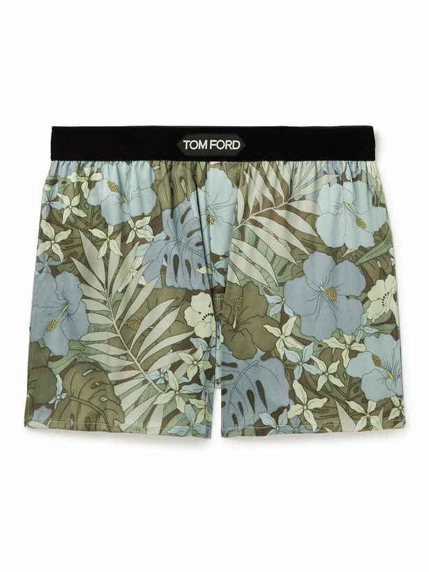 Photo: TOM FORD - Floral-Print Velvet-Trimmed Stretch-Silk Satin Boxer Briefs - Green