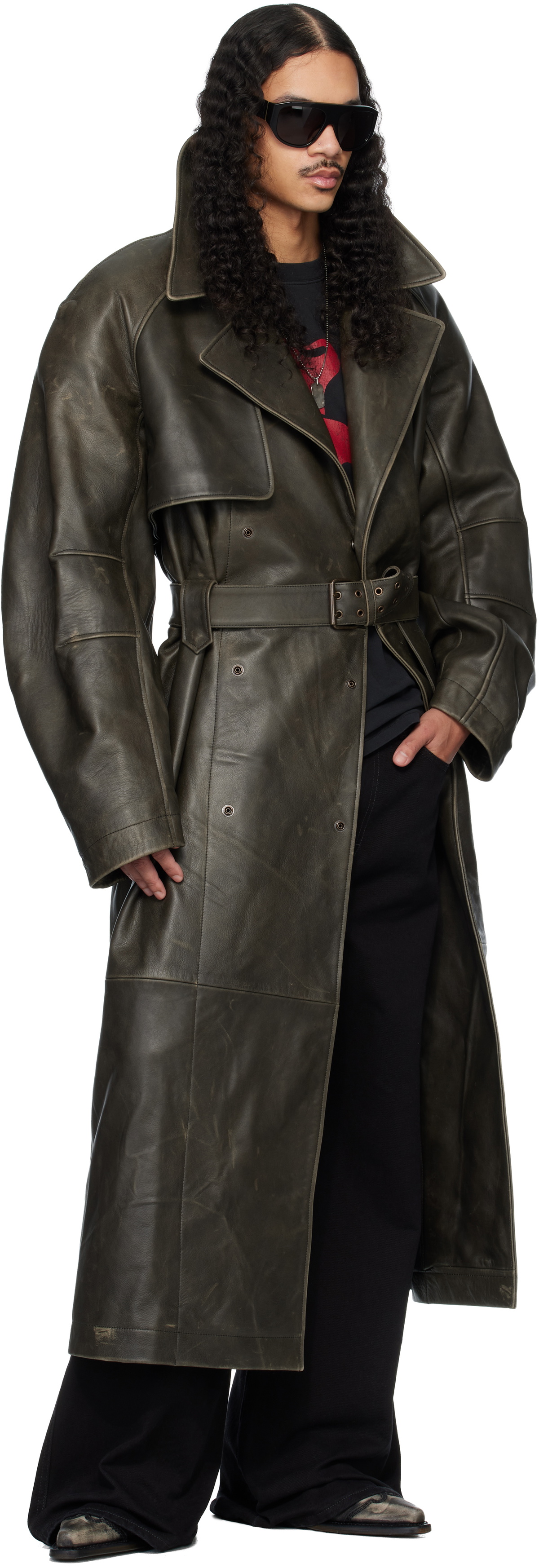 LU'U DAN Khaki Bastard Military Leather Trench Coat