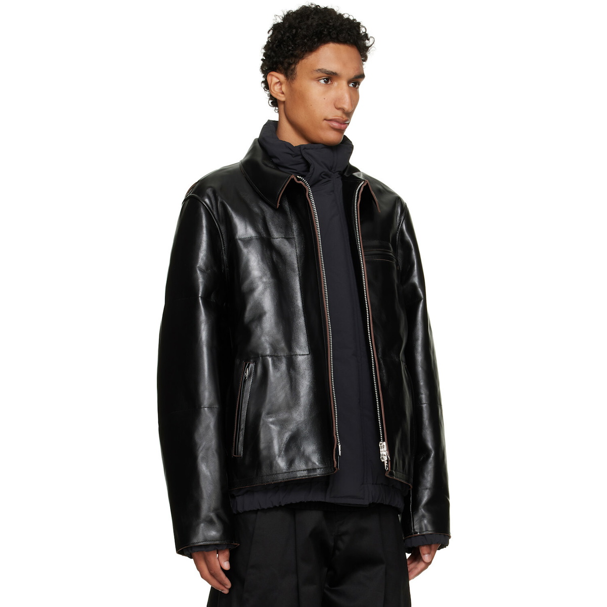 sacai Black Down Leather Blouson Jacket
