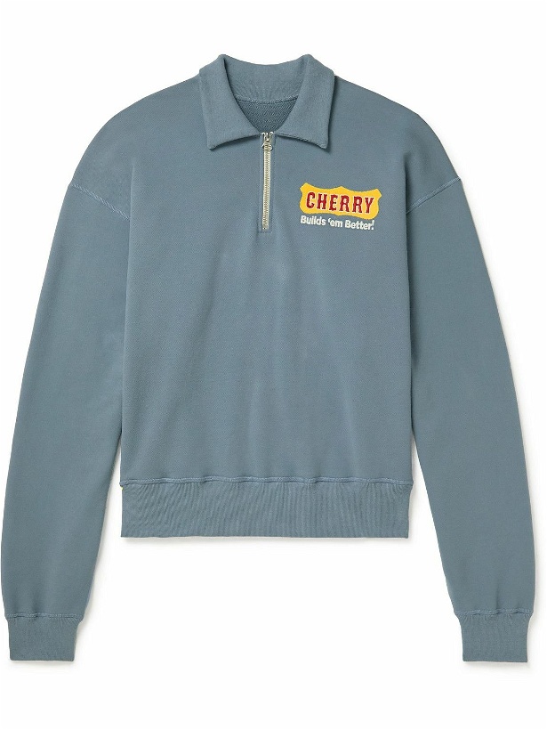 Photo: CHERRY LA - Logo-Appliquéd Cotton-Jersey Half-Zip Sweatshirt - Blue