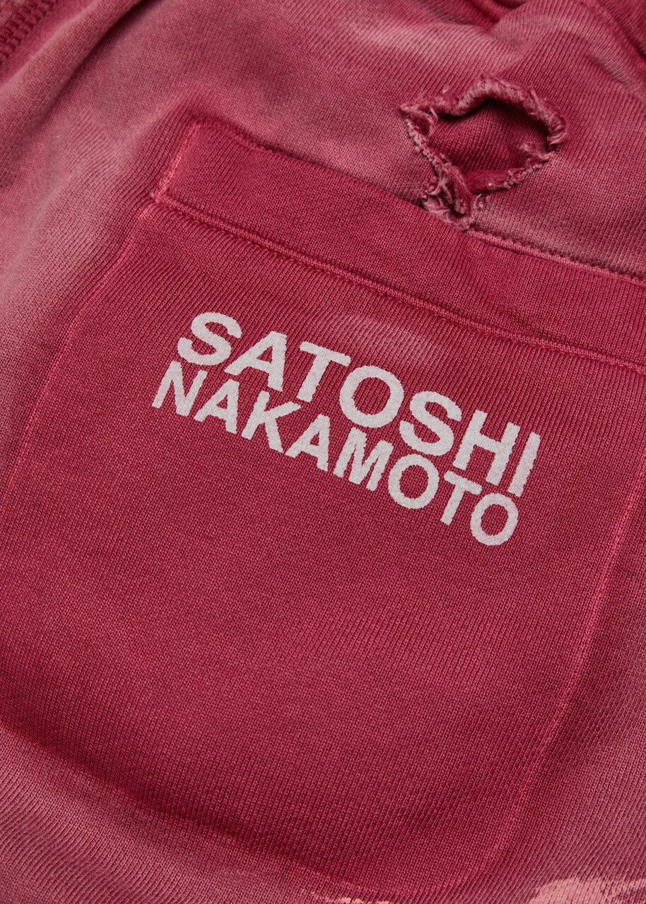 Satoshi Nakamoto Luke Printed Distressed Cotton Sweatpants Burgundy