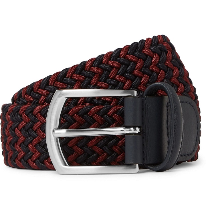 Photo: Anderson's - 3.5cm Navy Leather-Trimmed Woven Elastic Belt - Blue