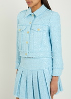 Alice + Olivia Chloe Embellished Cropped Tweed Jacket Light Blue