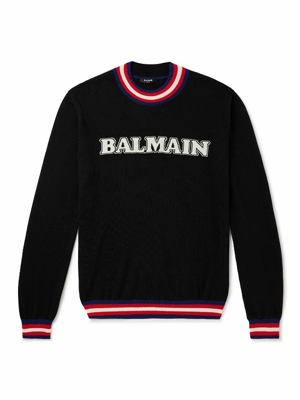 Photo: Balmain - Logo-Jacquard Striped Merino Wool Sweater - Black