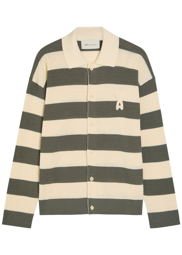 Photo: Ami Paris Logo-appliquéd Striped Fine-knit Cotton Shirt White